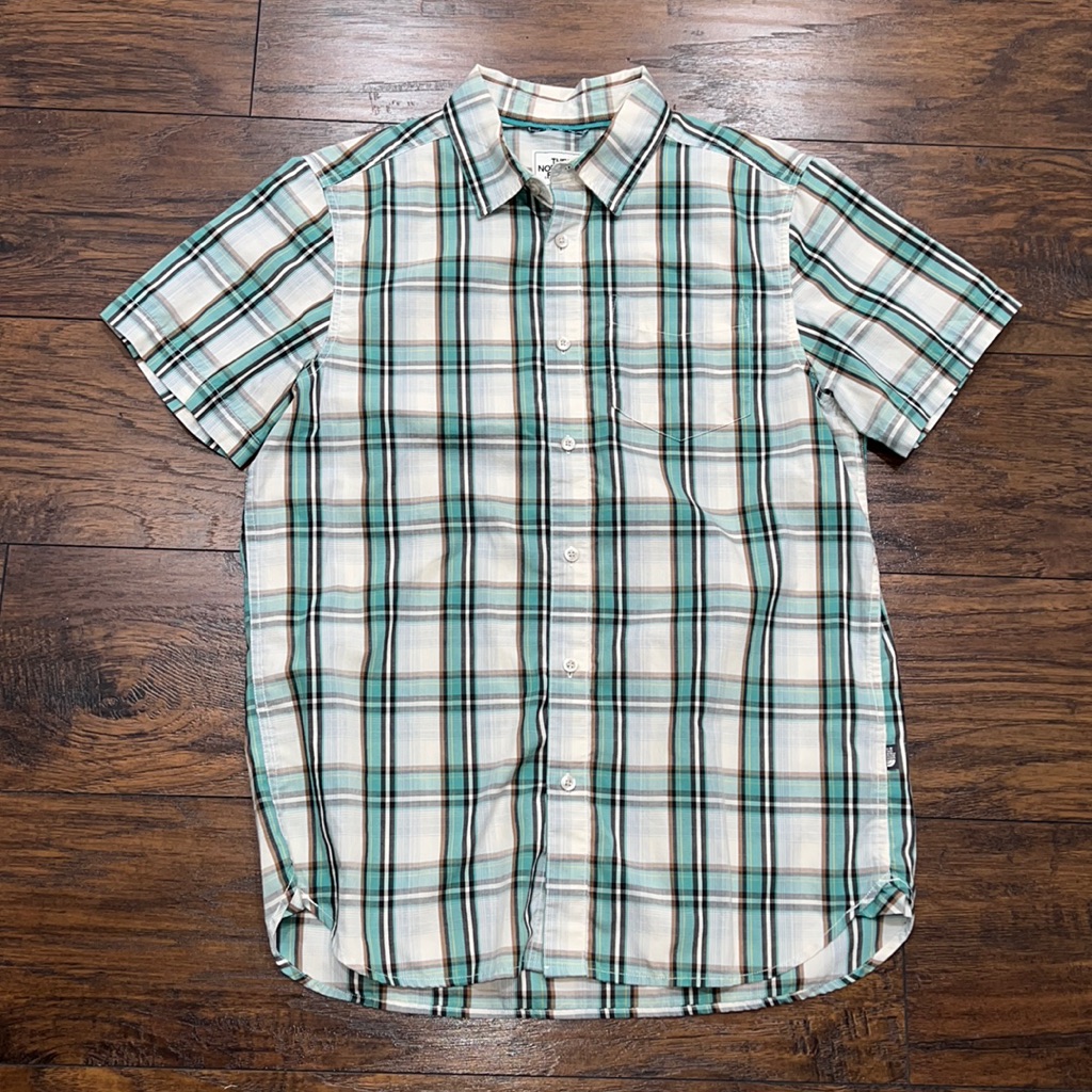 The North Face Short Sleeve Button Up Top Shirt Green Tan Black Yellow White Euc